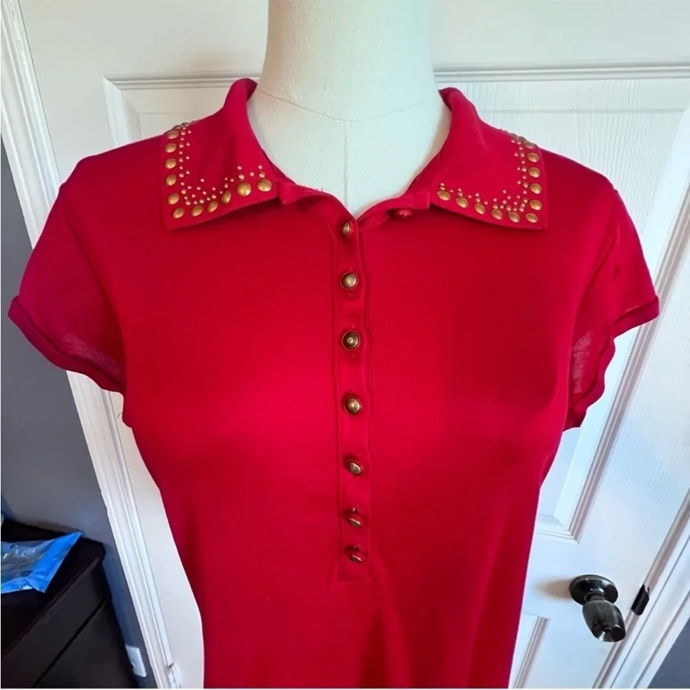 ST. JOHN VTG Red Studded Collar Button Front Polo Shirt 100% Cotton Women's‎ L - Picture 2 of 9